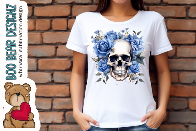 Watercolor Floral Skull blue Roses Sublimation Boo Bear Designz 