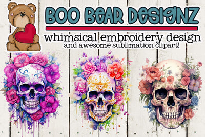 Watercolor Floral Skull Clipart Sublimation Boo Bear Designz 
