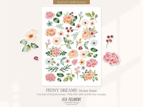 Watercolor Floral Sticker Sheet SVG Aja Nicole Designs 