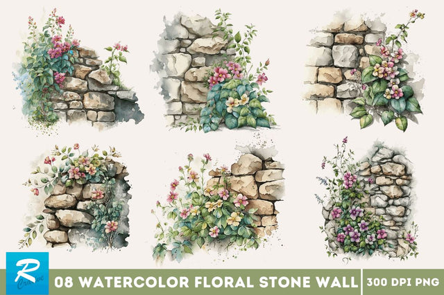Watercolor Floral Stone Wall Clipart Bundle Sublimation Regulrcrative 
