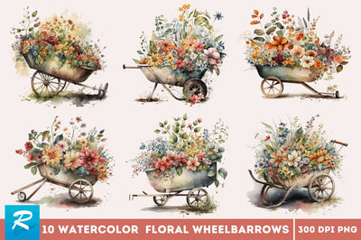Watercolor Floral Wheelbarrows Clipart Bundle Sublimation Regulrcrative 