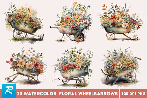 Watercolor Floral Wheelbarrows Clipart Bundle Sublimation Regulrcrative 