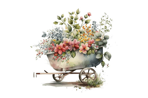 Watercolor Floral Wheelbarrows Clipart Bundle Sublimation Regulrcrative 