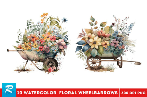 Watercolor Floral Wheelbarrows Clipart Bundle Sublimation Regulrcrative 
