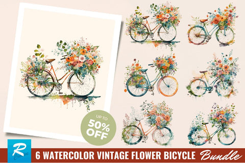 Watercolor Flower Bicycle Clipart Bundle Sublimation Regulrcrative 