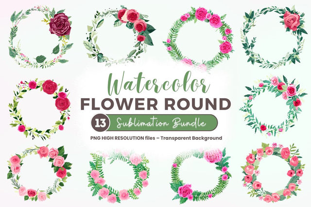 Watercolor Flower Round Clipart Bundle Sublimation Regulrcrative 
