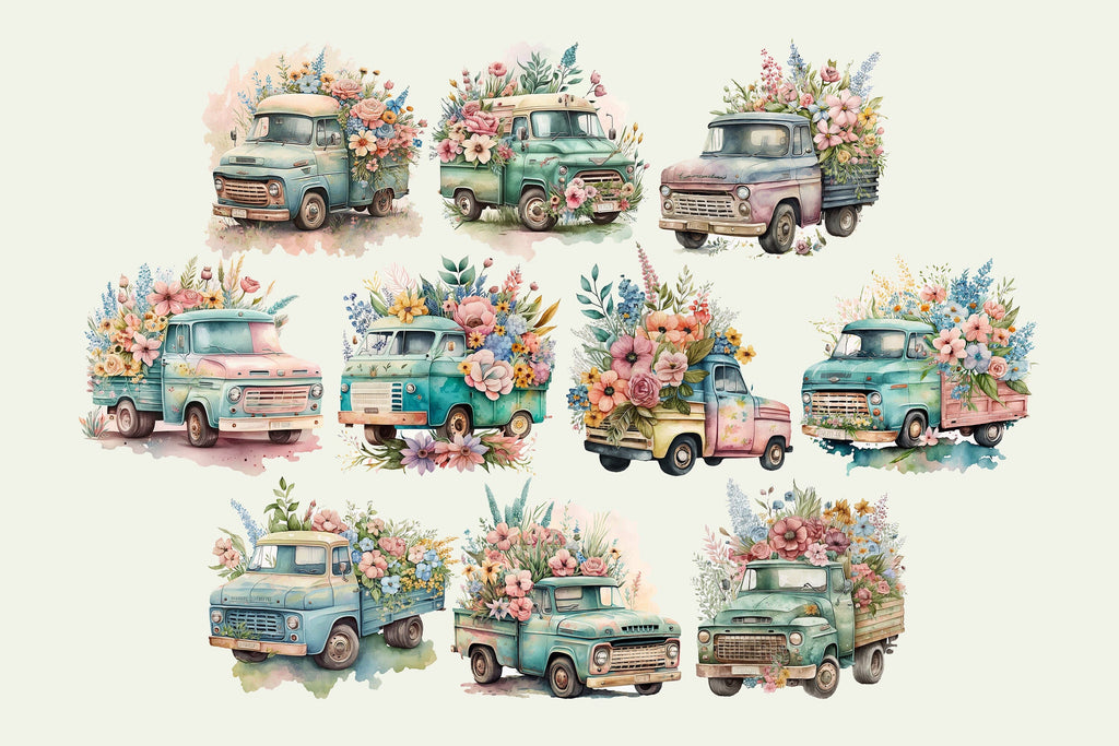 Watercolor Flower Truck Clipart | Vintage Truck Illustration - So Fontsy