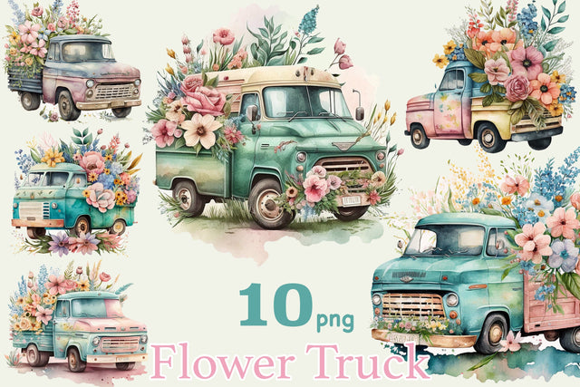 Watercolor Flower Truck Clipart | Vintage Truck Illustration SVG GlamArtZhanna 
