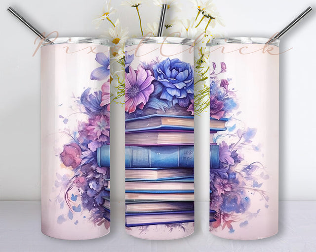 Watercolor Flowers Blue Books 20oz Skinny Tumbler Sublimation Design, Books And Blue Watercolor Flowers Png, Blue Flowers Png Sublimation PixelChick 