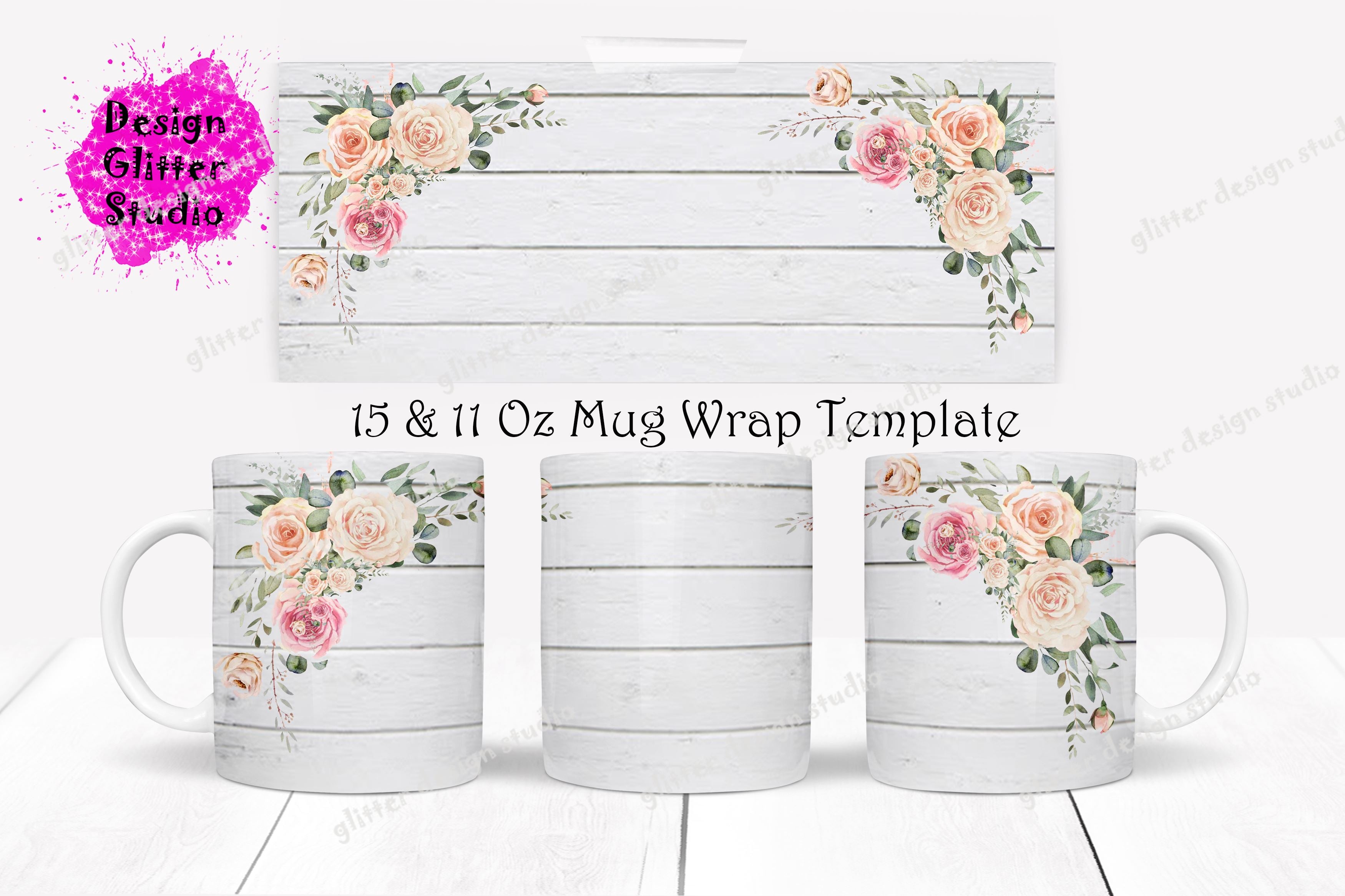 Floral mug sublimation design 15 oz Glitter full wrap design