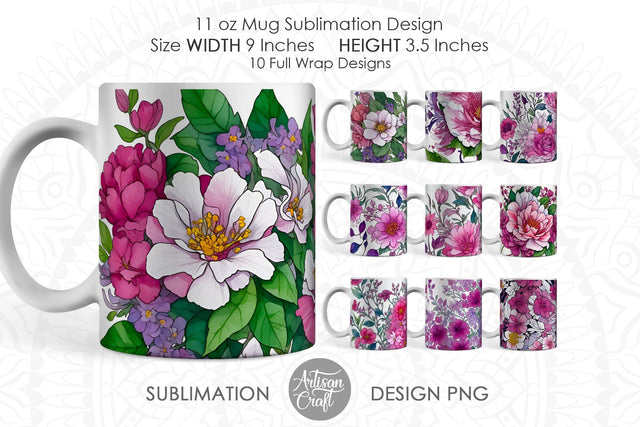 Watercolor flowers PNG for 11oz mug sublimation with magenta flowers Sublimation Artisan Craft SVG 