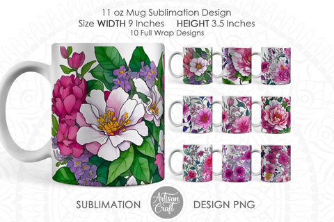 Watercolor flowers PNG for 11oz mug sublimation with magenta flowers Sublimation Artisan Craft SVG 
