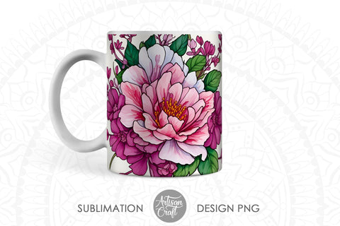 Watercolor flowers PNG for 11oz mug sublimation with magenta flowers Sublimation Artisan Craft SVG 