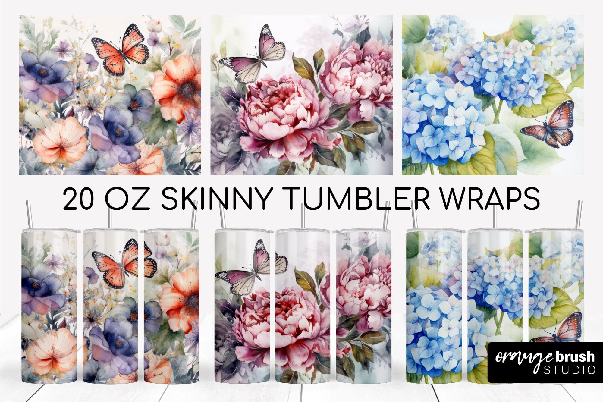 Blue Hydrangeas Sublimation 20 oz Skinny Tumbler Design Pack
