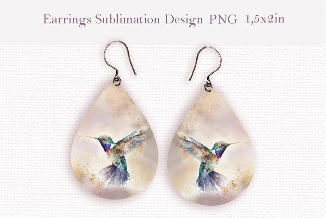 Watercolor flying hummingbird teardrop sublimation earrings design Sublimation LuckyTurtleArt 