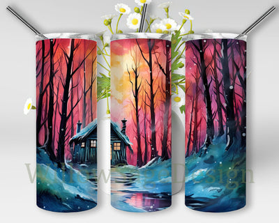 Watercolor Forest Log Cabin 20oz Skinny Tumbler Png, Watercolor Log Cabin Tumbler, Cabin In The Woods, Forest House, Favourite Place, Instant Download Sublimation WillowSageDesign 