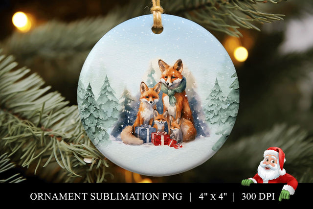 Watercolor Fox Christmas Ornament Sublimation PNG Sublimation BijouBay 