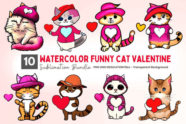 Watercolor Funny Cat Valentine Clipart Bundle Sublimation Regulrcrative 