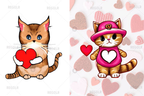 Watercolor Funny Cat Valentine Clipart Bundle Sublimation Regulrcrative 