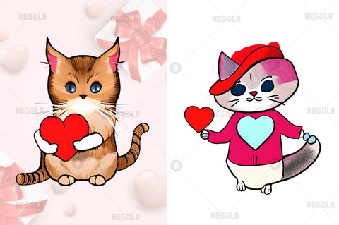 Watercolor Funny Cat Valentine Clipart Bundle Sublimation Regulrcrative 