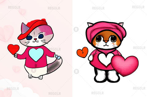 Watercolor Funny Cat Valentine Clipart Bundle Sublimation Regulrcrative 