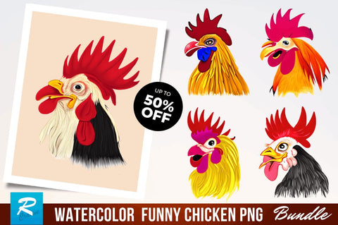 Watercolor Funny Chicken Clipart Bundle Sublimation Regulrcrative 