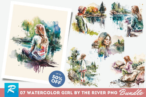 Watercolor Girl by the River Clipart Bundle Sublimation Regulrcrative 