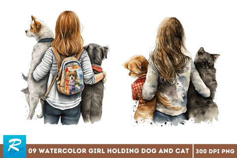 Watercolor Girl Holding Dog and Cat Bundle Sublimation Regulrcrative 