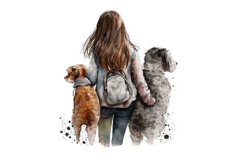 Watercolor Girl Holding Dog and Cat Bundle Sublimation Regulrcrative 