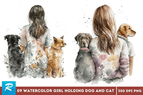 Watercolor Girl Holding Dog and Cat Bundle Sublimation Regulrcrative 