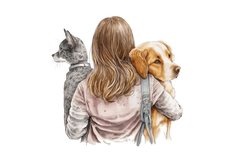 Watercolor Girl Holding Dog and Cat Bundle Sublimation Regulrcrative 
