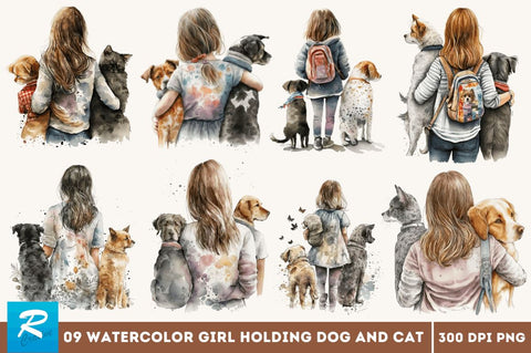 Watercolor Girl Holding Dog and Cat Bundle Sublimation Regulrcrative 