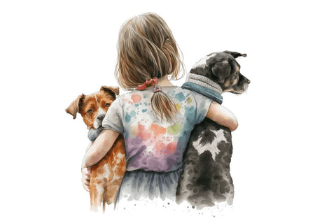 Watercolor Girl Holding Dog and Cat Bundle Sublimation Regulrcrative 