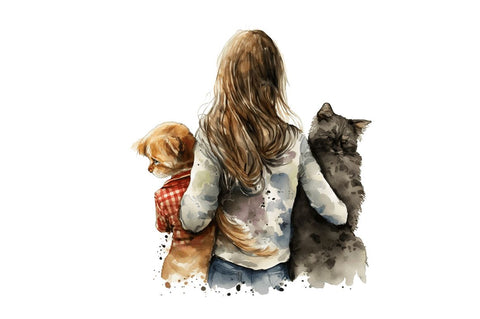 Watercolor Girl Holding Dog and Cat Bundle Sublimation Regulrcrative 