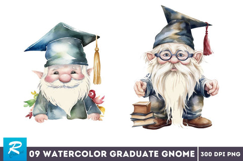 Watercolor Gnome Graduate Clipart Bundle Sublimation Regulrcrative 