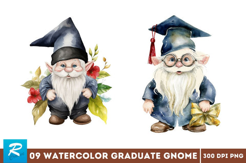 Watercolor Gnome Graduate Clipart Bundle Sublimation Regulrcrative 
