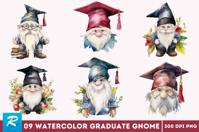 Watercolor Gnome Graduate Clipart Bundle Sublimation Regulrcrative 