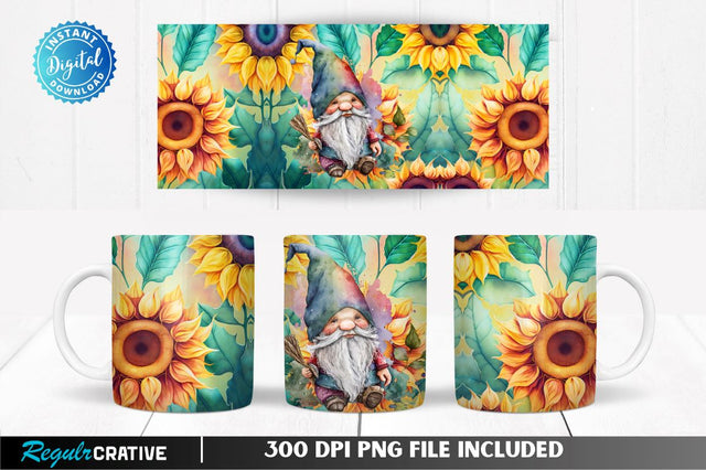 Watercolor Gnome Sunflowers 11, 12 & 15 Oz Mug Sublimation Sublimation Regulrcrative 