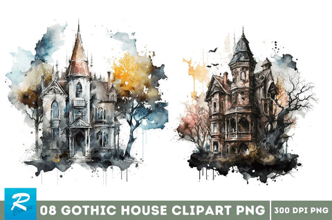 Watercolor Gothic House Clipart Bundle Sublimation Regulrcrative 