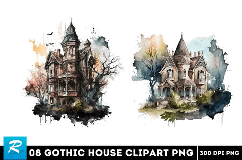 Watercolor Gothic House Clipart Bundle Sublimation Regulrcrative 