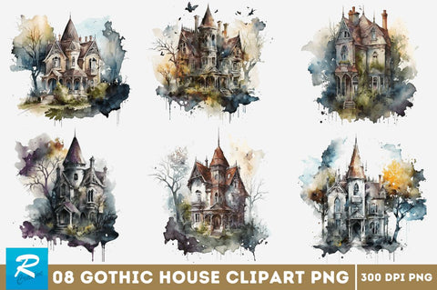 Watercolor Gothic House Clipart Bundle Sublimation Regulrcrative 
