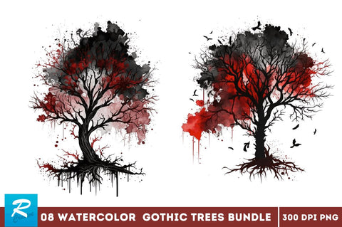 Watercolor Gothic Trees Clipart Bundle Sublimation Regulrcrative 