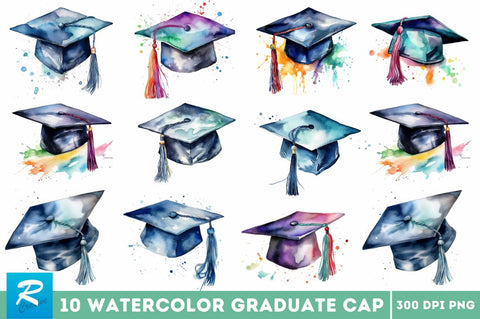 Watercolor Graduate Flower Clipart Bundle Sublimation Regulrcrative 