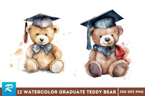 Watercolor Graduate Teddy Bear Clipart Bundle Sublimation Regulrcrative 