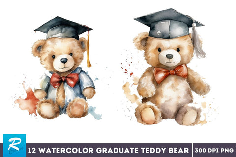 Watercolor Graduate Teddy Bear Clipart Bundle Sublimation Regulrcrative 
