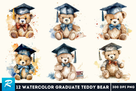 Watercolor Graduate Teddy Bear Clipart Bundle Sublimation Regulrcrative 