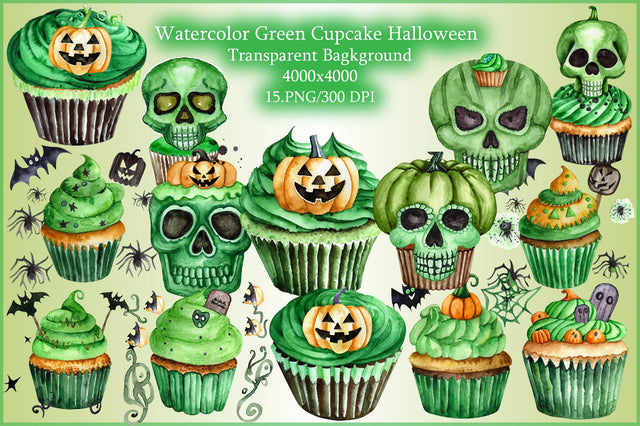 Watercolor Green Cupcake and Halloween Clipart Sublimation Creativeart88 