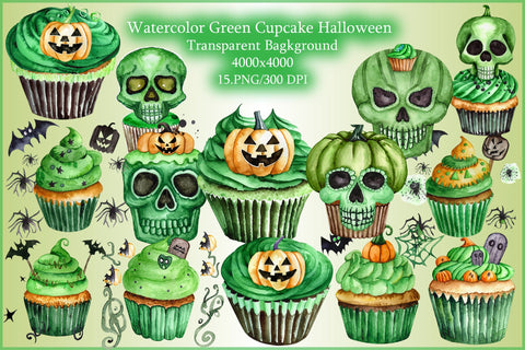 Watercolor Green Cupcake and Halloween Clipart Sublimation Creativeart88 