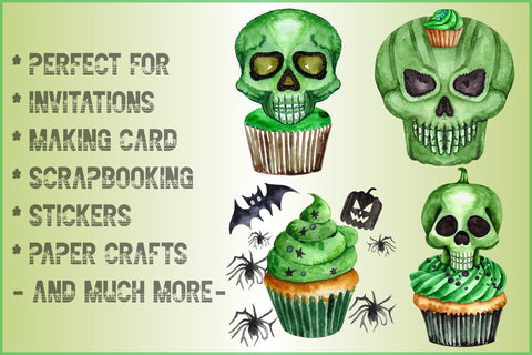 Watercolor Green Cupcake and Halloween Clipart Sublimation Creativeart88 