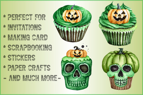 Watercolor Green Cupcake and Halloween Clipart Sublimation Creativeart88 